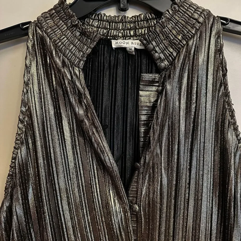 Moon River Metallic Pleated Sleeveless Mini Dress Medium Gold Black Party - Picture 6 of 7